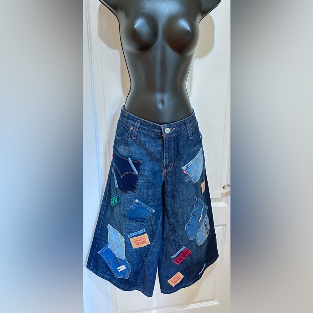 LEVIS Upcycled Wide-Leg Patchwork Cropped culotte Jeans size 10- Dark Blue - Picture 5 of 8